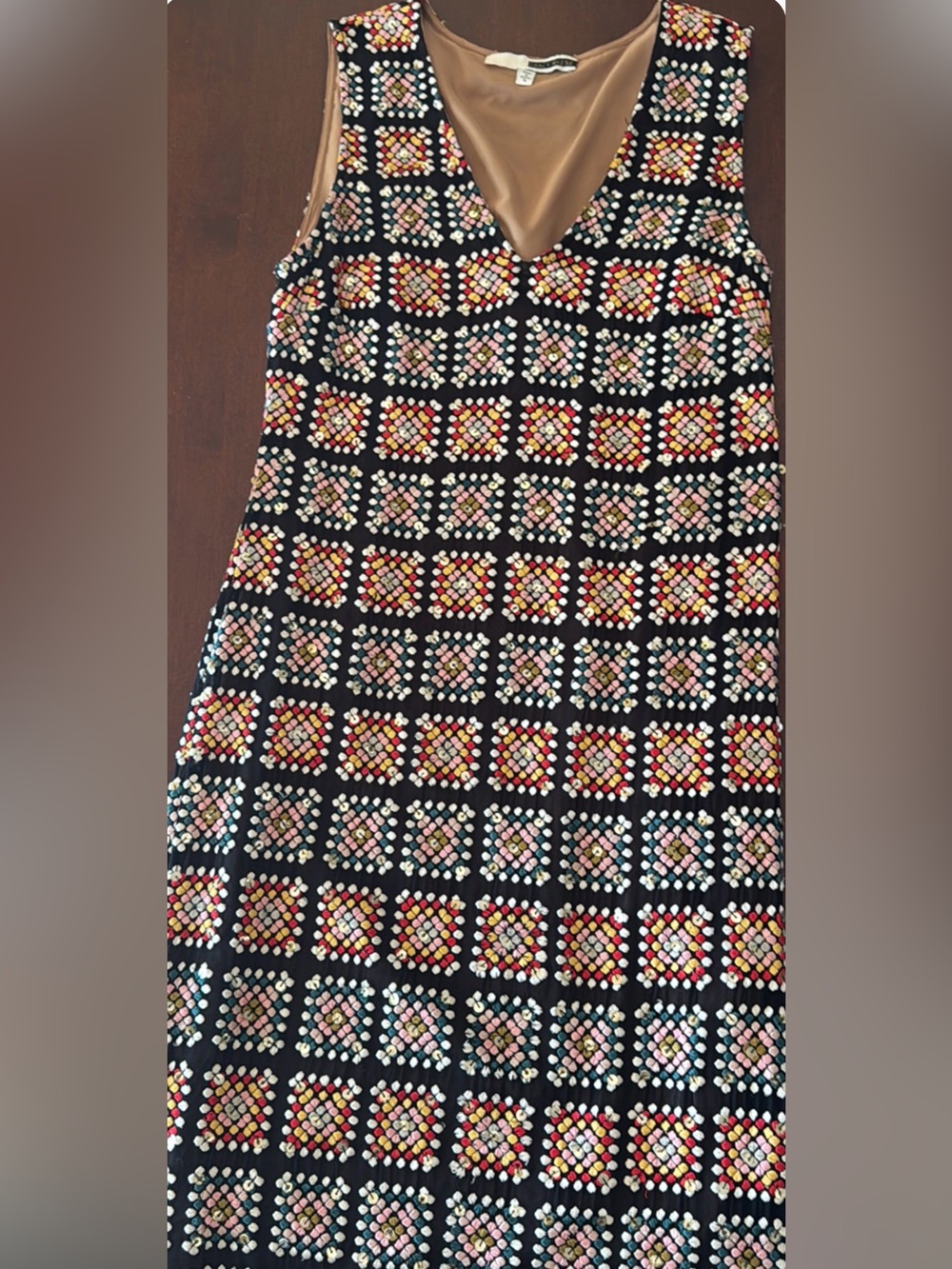 Tracy Reese Black Dress with Multicolor Embroidered Grid